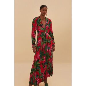 NWT‎ FARM RIO Red Dream Garden Long Sleeve Floral Tropical Maxi Dress Size Small